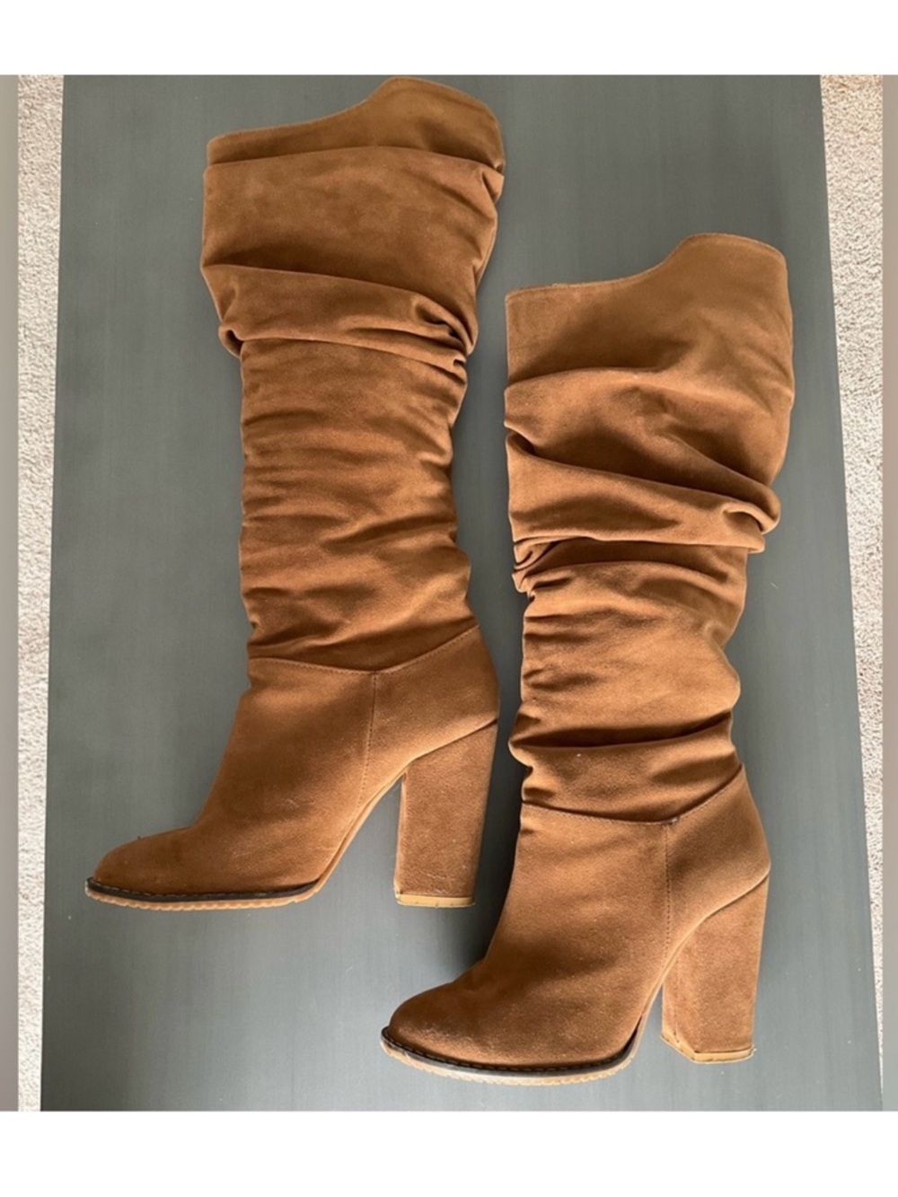 Women’s Suede Slouchy Knee-High Block Heel Boots - Brown - Camel, Size 5.5